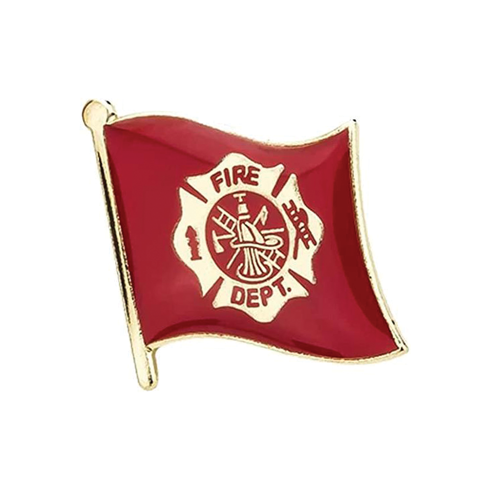 A red, white, and gold pin badge featuring the Fire Department logo with a metal butterfly clutch. © Tigoli® 2026 All Rights Reserved Panda Loco Ltd  Imagen principal del producto