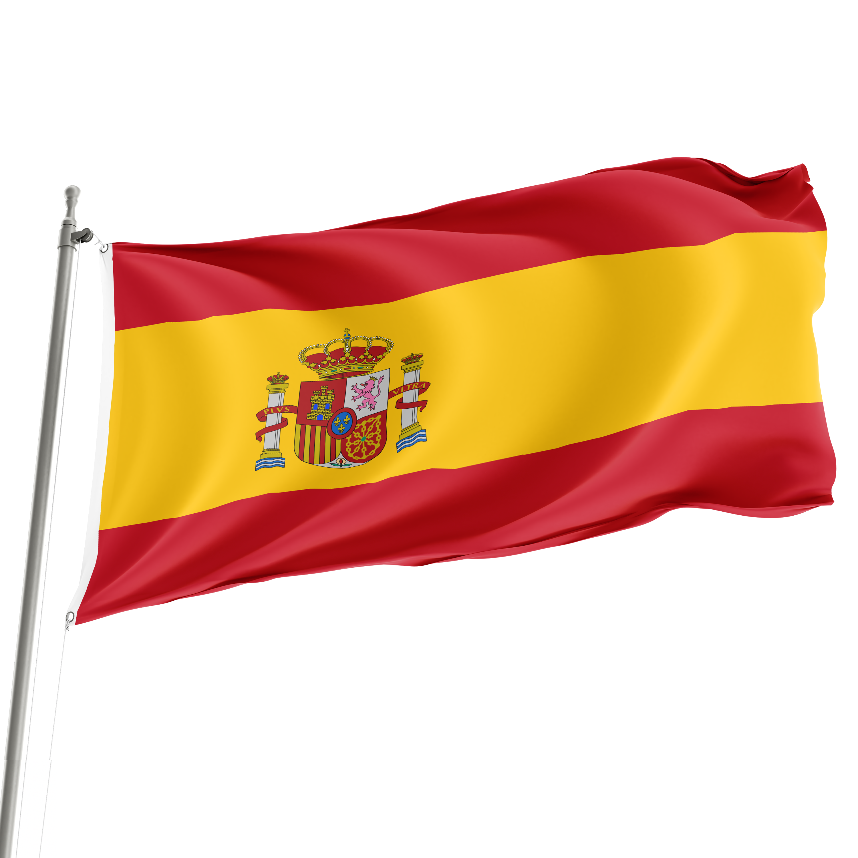A 3' x 5' Spain flag with a vibrant red and yellow color scheme, featuring the national emblem, displayed on a flagpole. Imagen principal del producto