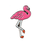 A pin badge featuring a pink flamingo with a brass plated iron and hard enamel finish. © Tigoli® 2026 All Rights Reserved Panda Loco Ltd 