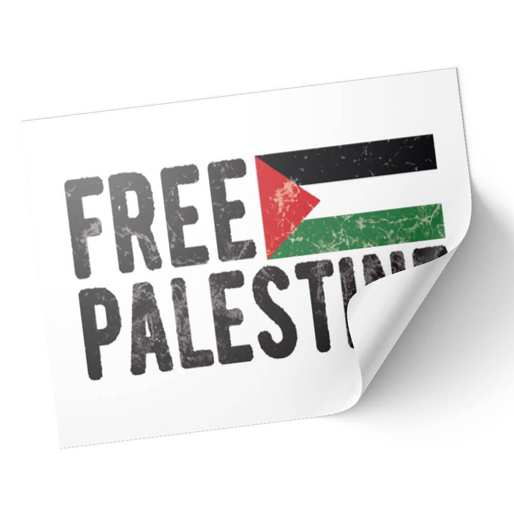 A sticker with the Palestinian flag colors, featuring a folded corner design, on a white background.