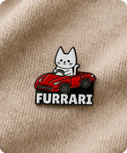 Furrari Cat Driving Red Sports Car Enamel Pin Badge