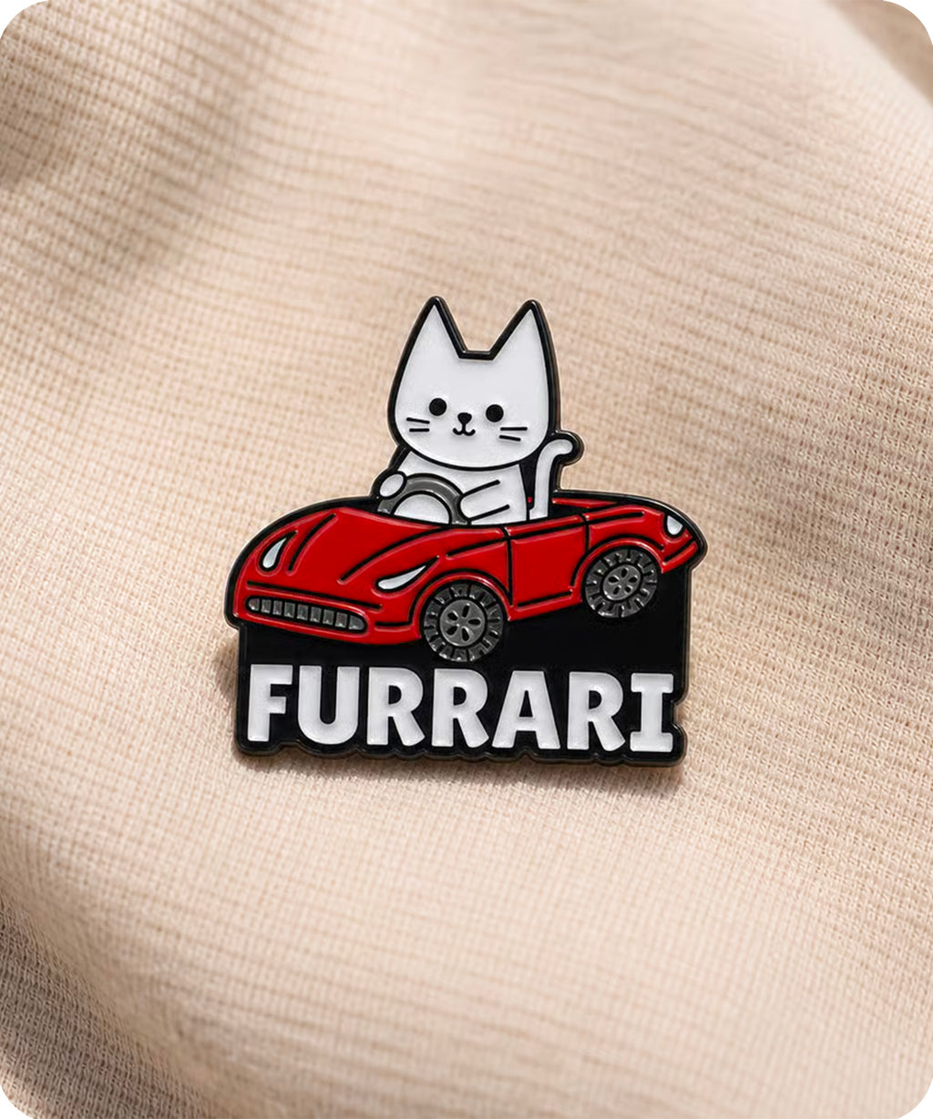Furrari Cat Driving Red Sports Car Enamel Pin Badge