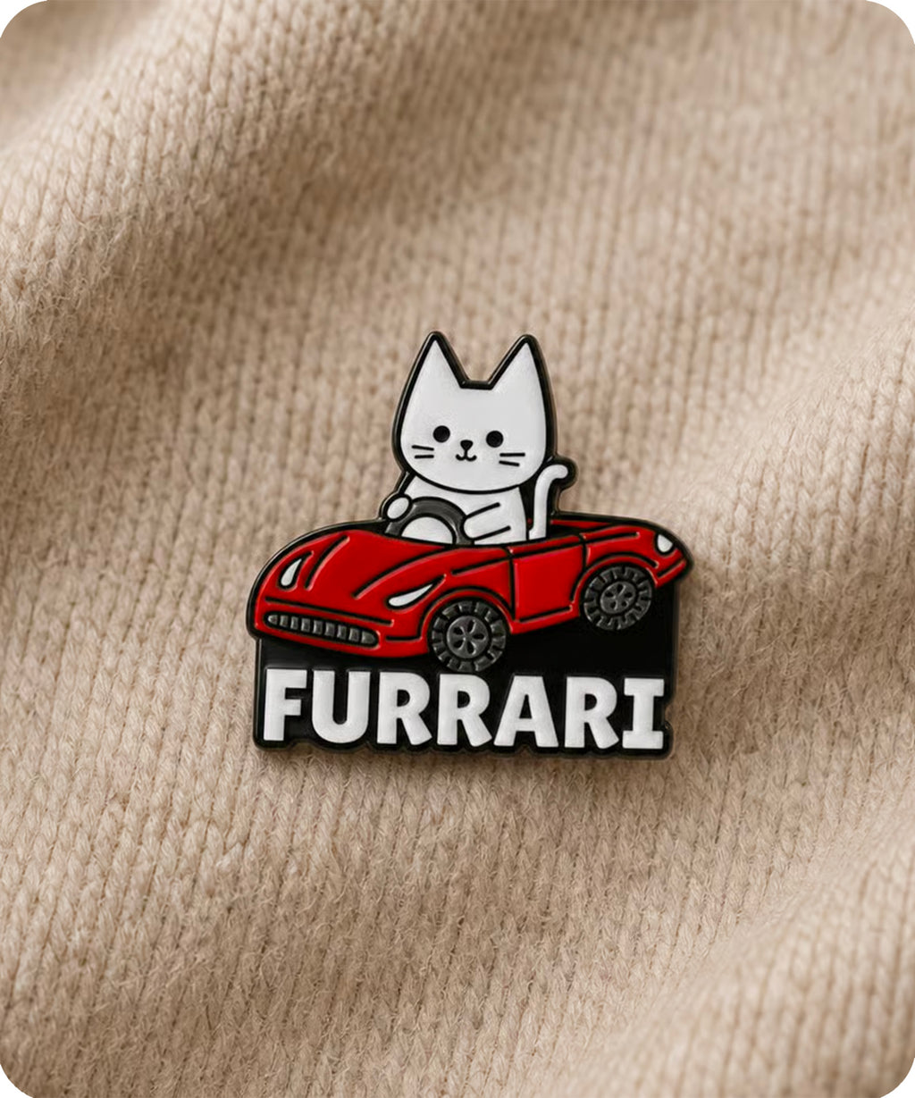 Furrari Cat Driving Red Sports Car Enamel Pin Badge