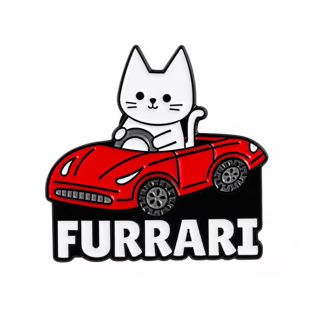 Furrari Cat Driving Red Sports Car Enamel Pin Badge