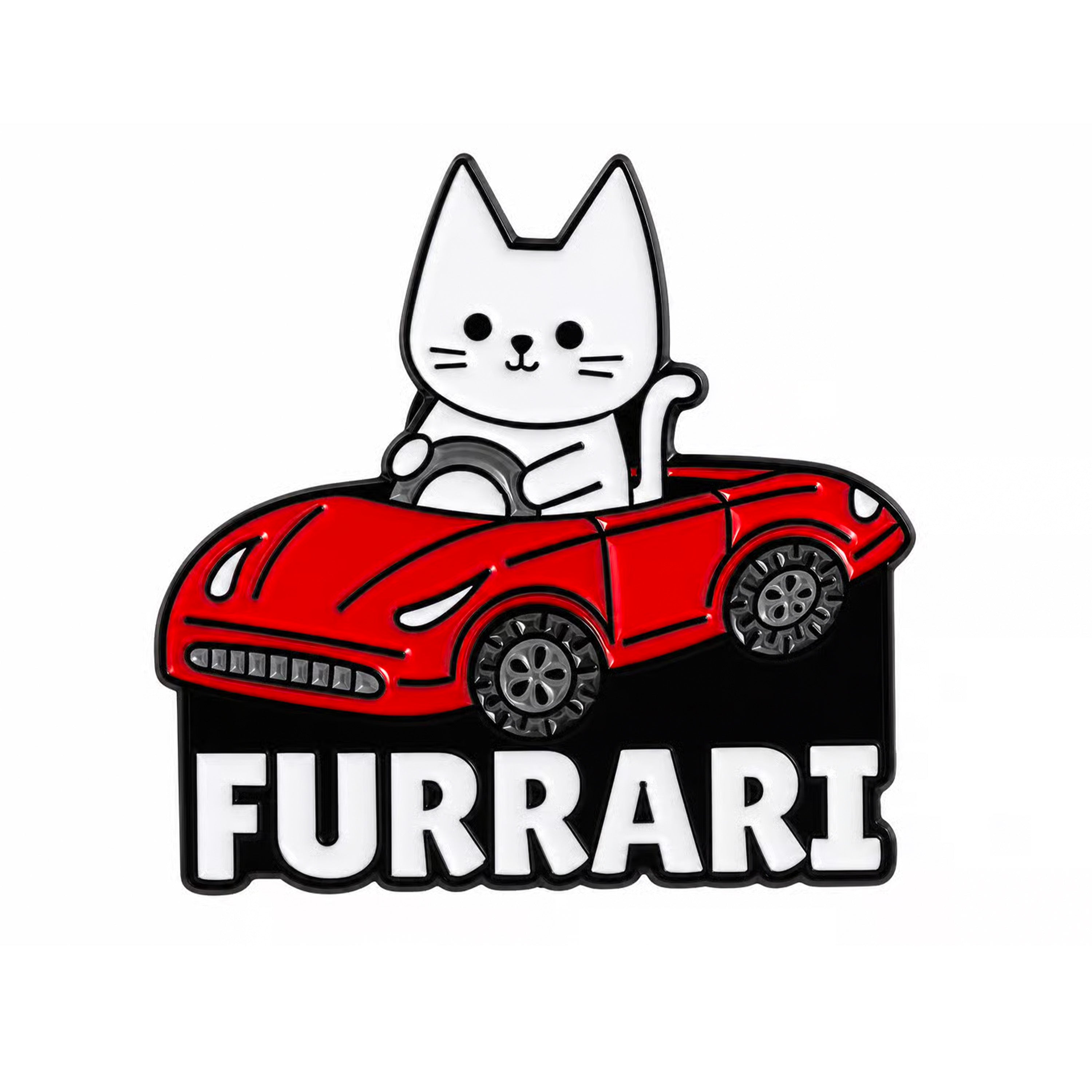 Furrari Cat Driving Red Sports Car Enamel Pin Badge