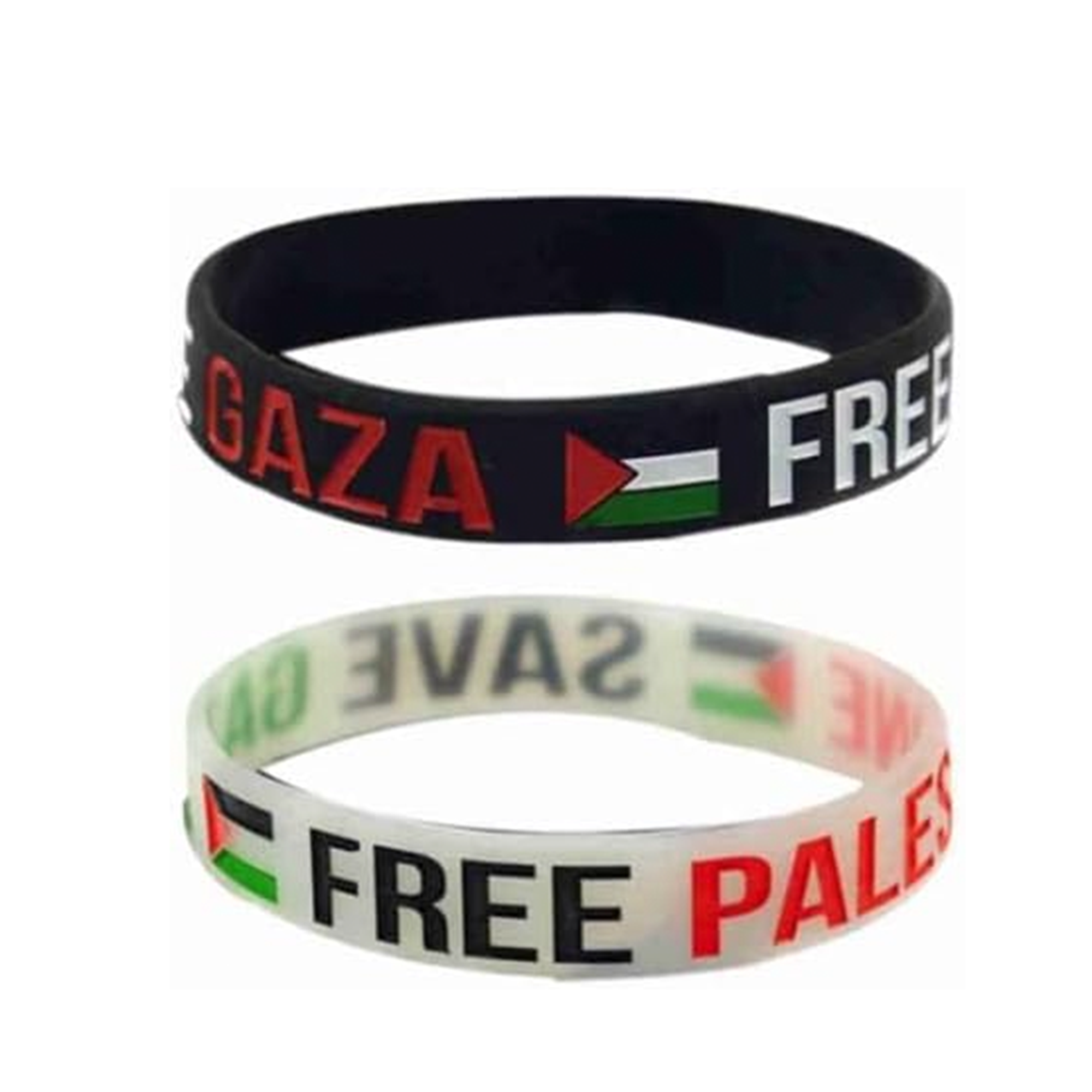 Banda de silicona con el lema "Salven Gaza y liberen a Palestina"