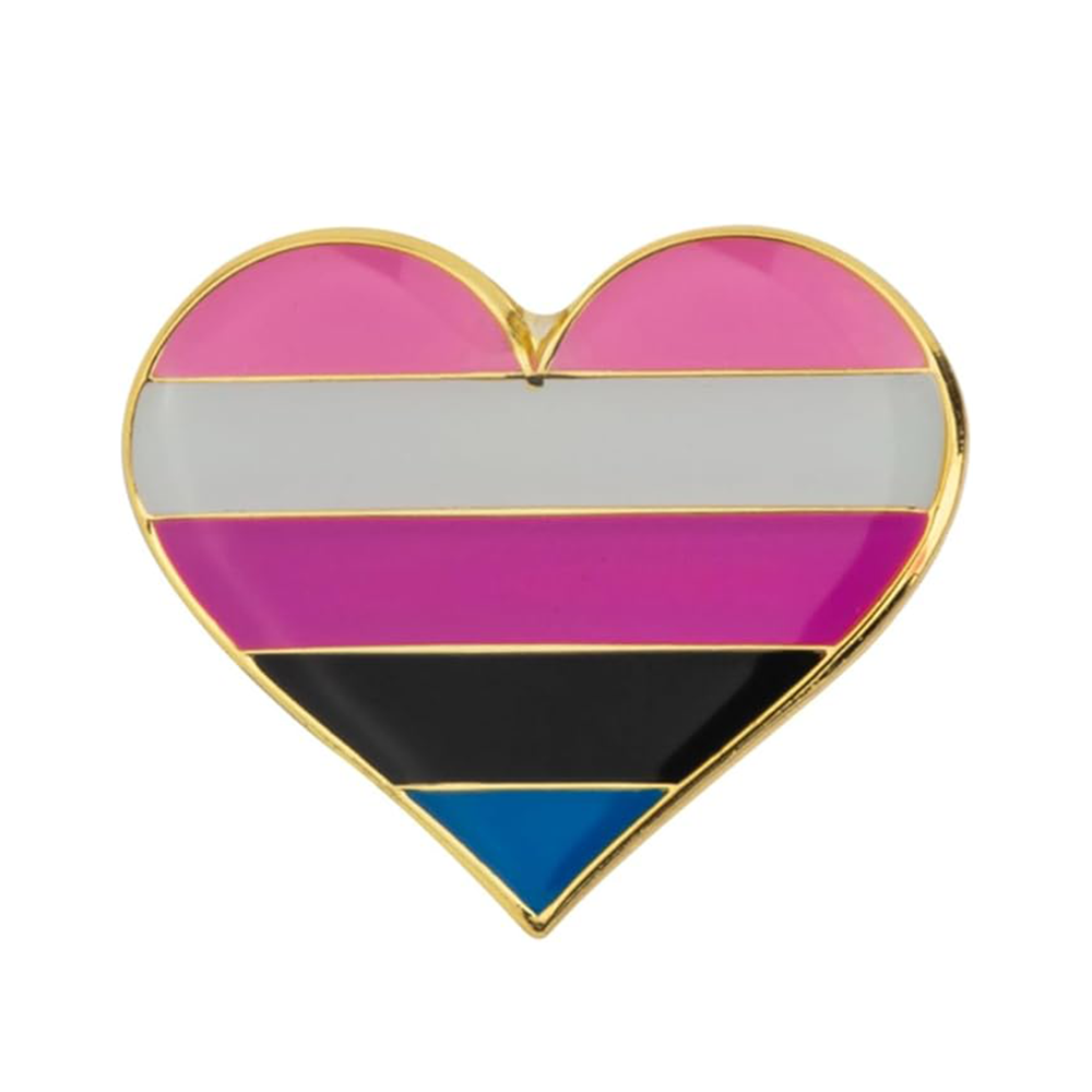 A pink heart-shaped pin badge with a gender fluid flag pattern and a butterfly clutch at the back.