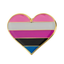 A pink heart-shaped pin badge with a gender fluid flag pattern and a butterfly clutch at the back.