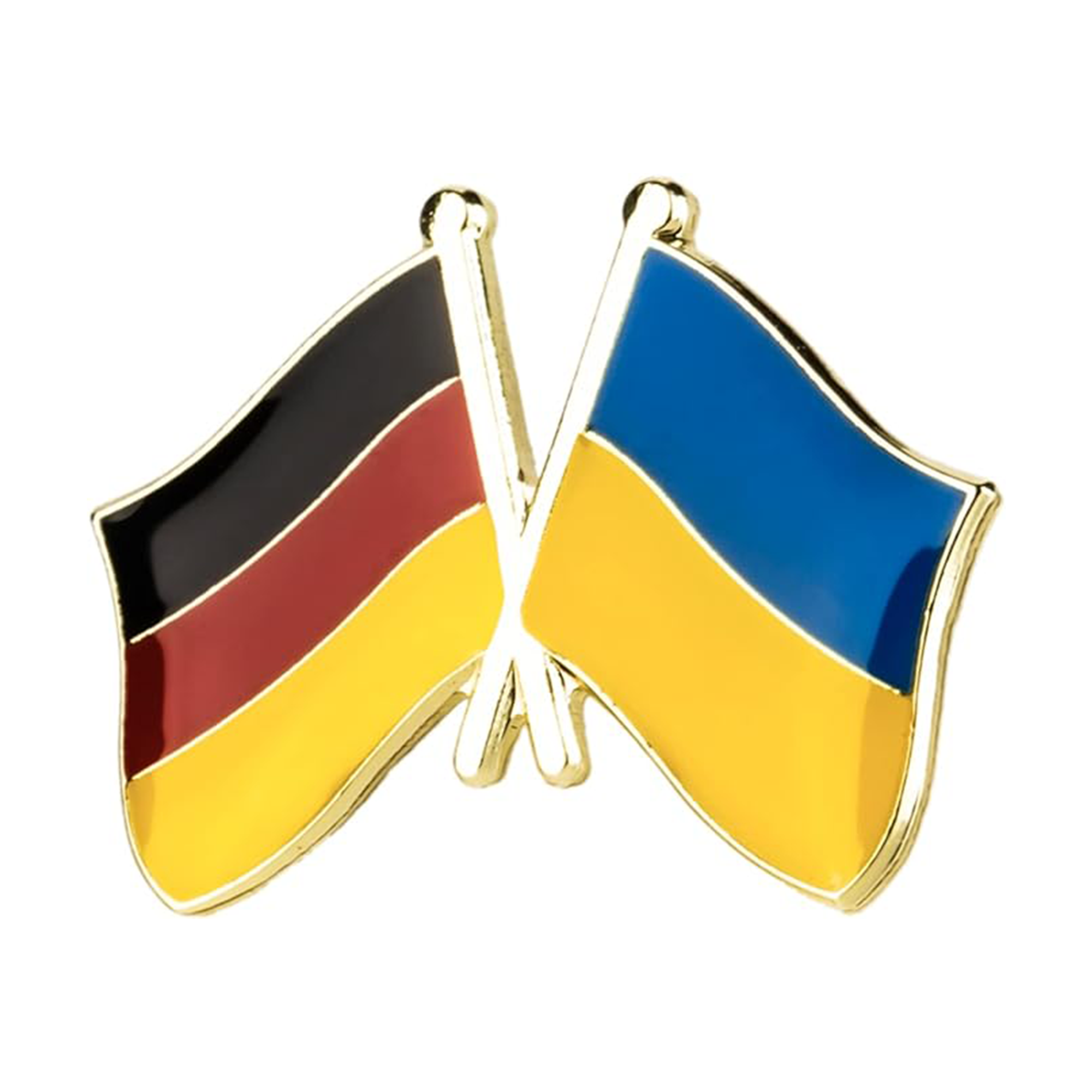 A friendship pin badge featuring the flag colors of Germany and Ukraine with a butterfly clutch.