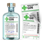 A image of a transparent glass bottle with a sticker that resembles a medical prescription form, labeled 'PRESCRIPTION GIN'. The label has spaces for a patient name and a physician's signature. © Tigoli® 2026 All Rights Reserved Panda Loco Ltd 