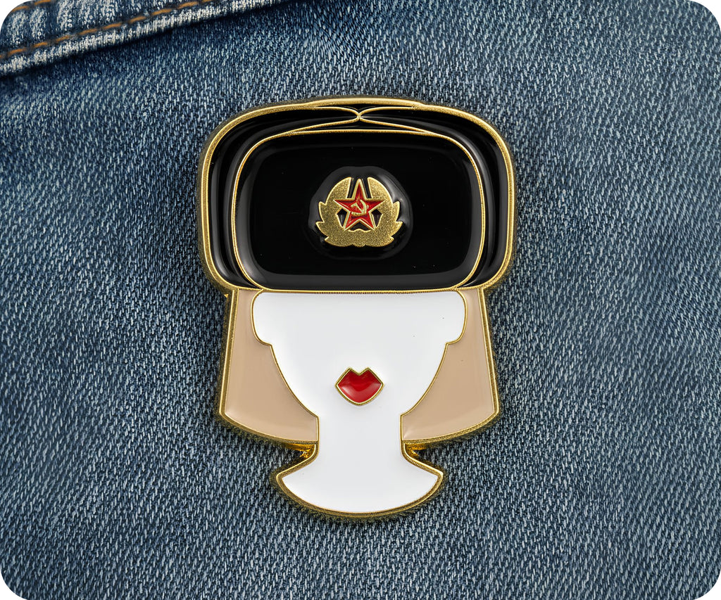 Russian Woman Fur Hat USSR Soviet Pin Badge