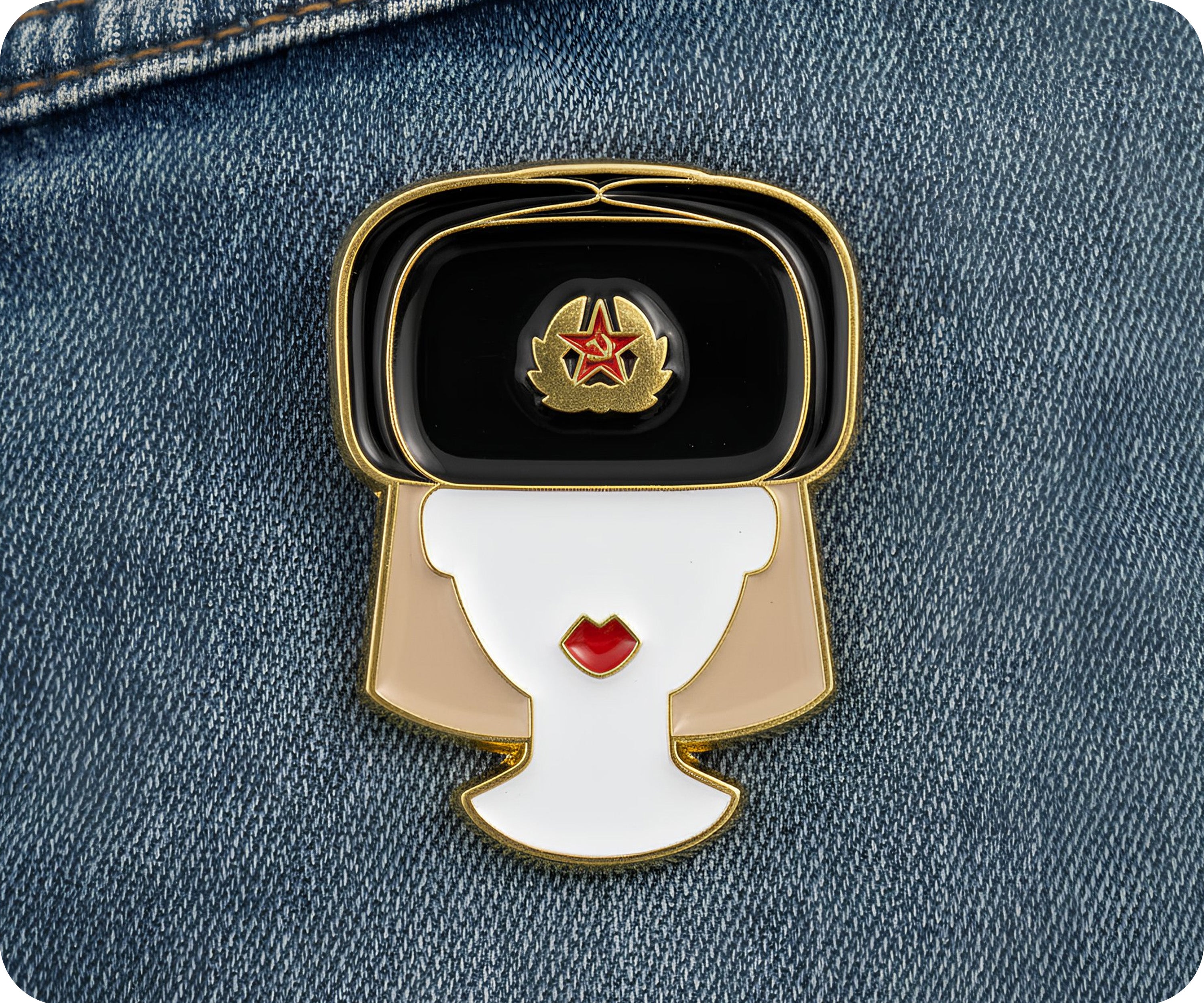 Russian Woman Fur Hat USSR Soviet Pin Badge