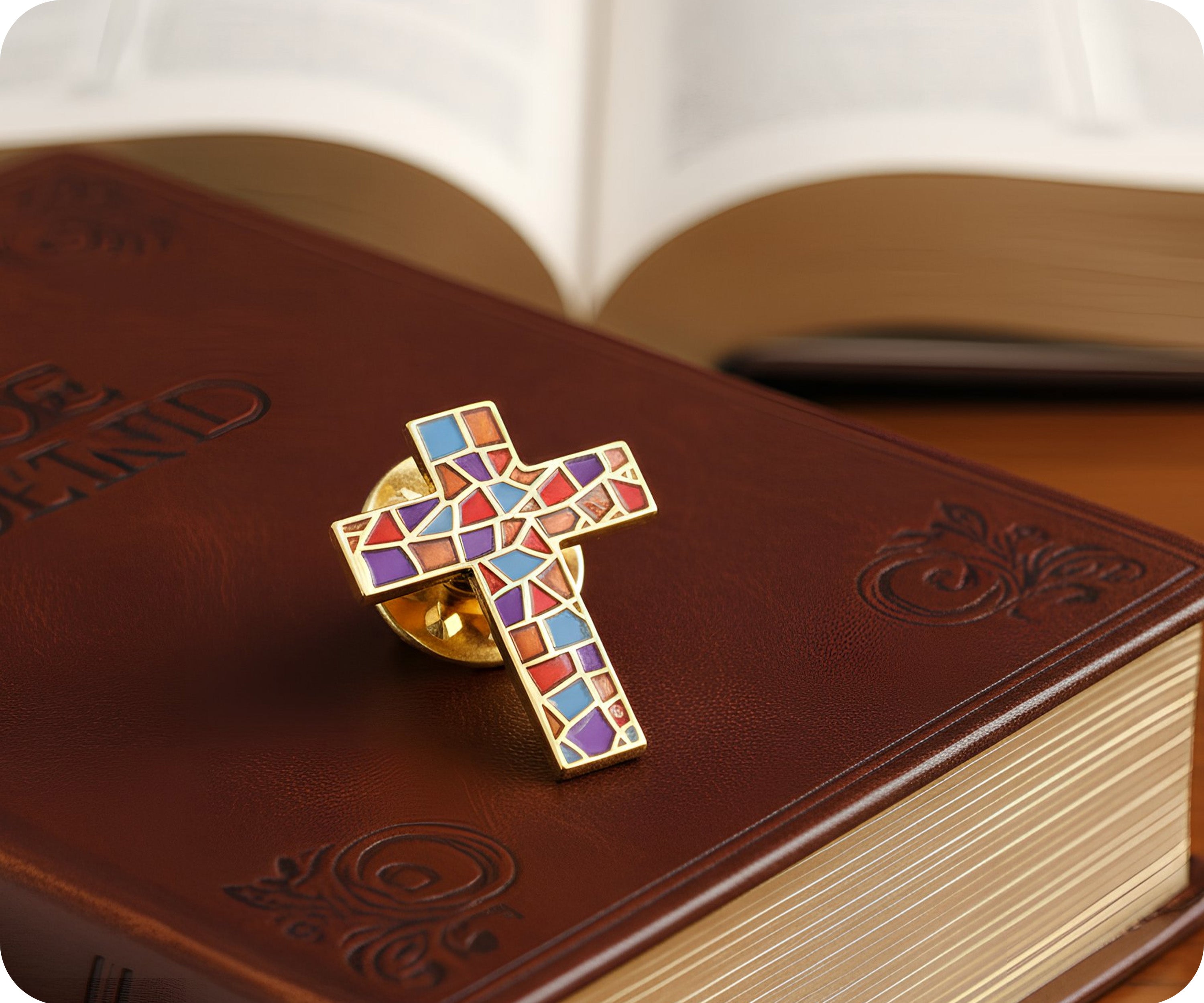 Stained Glass Crucifix Cross Pin Badge