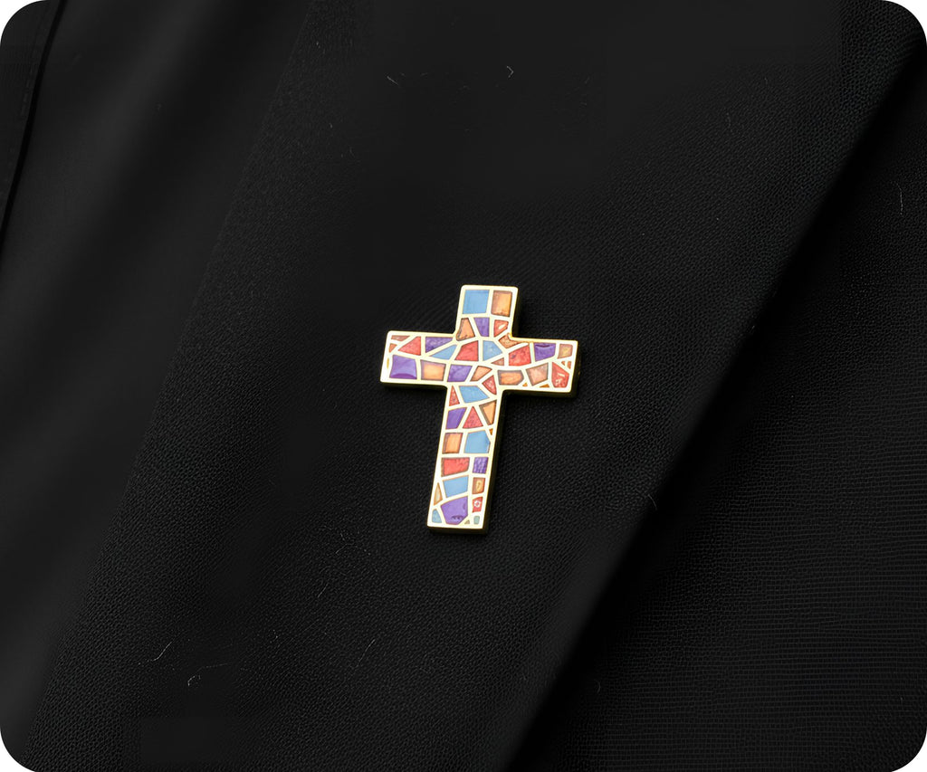 Stained Glass Crucifix Cross Pin Badge