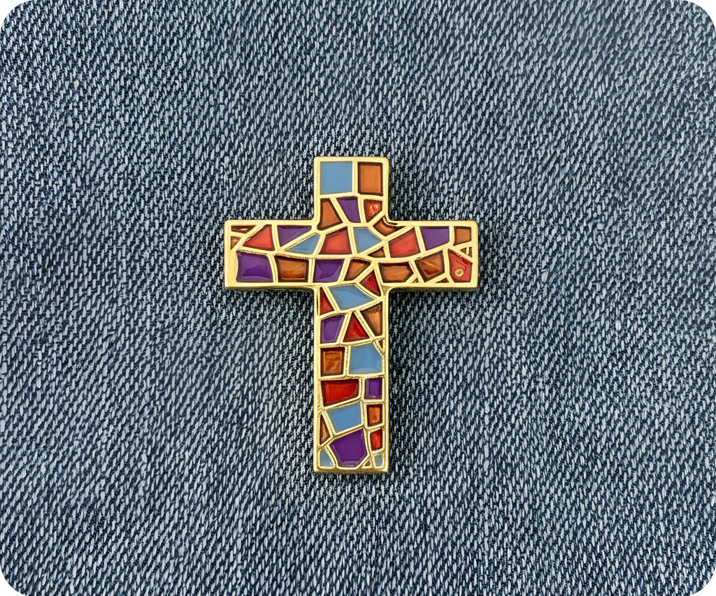 Stained Glass Crucifix Cross Pin Badge