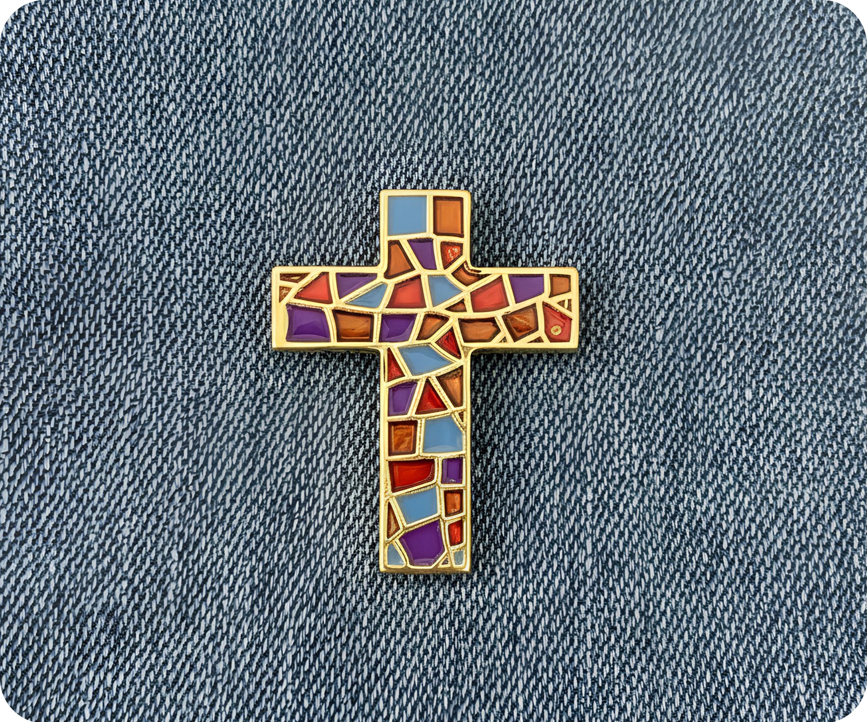 Stained Glass Crucifix Cross Pin Badge
