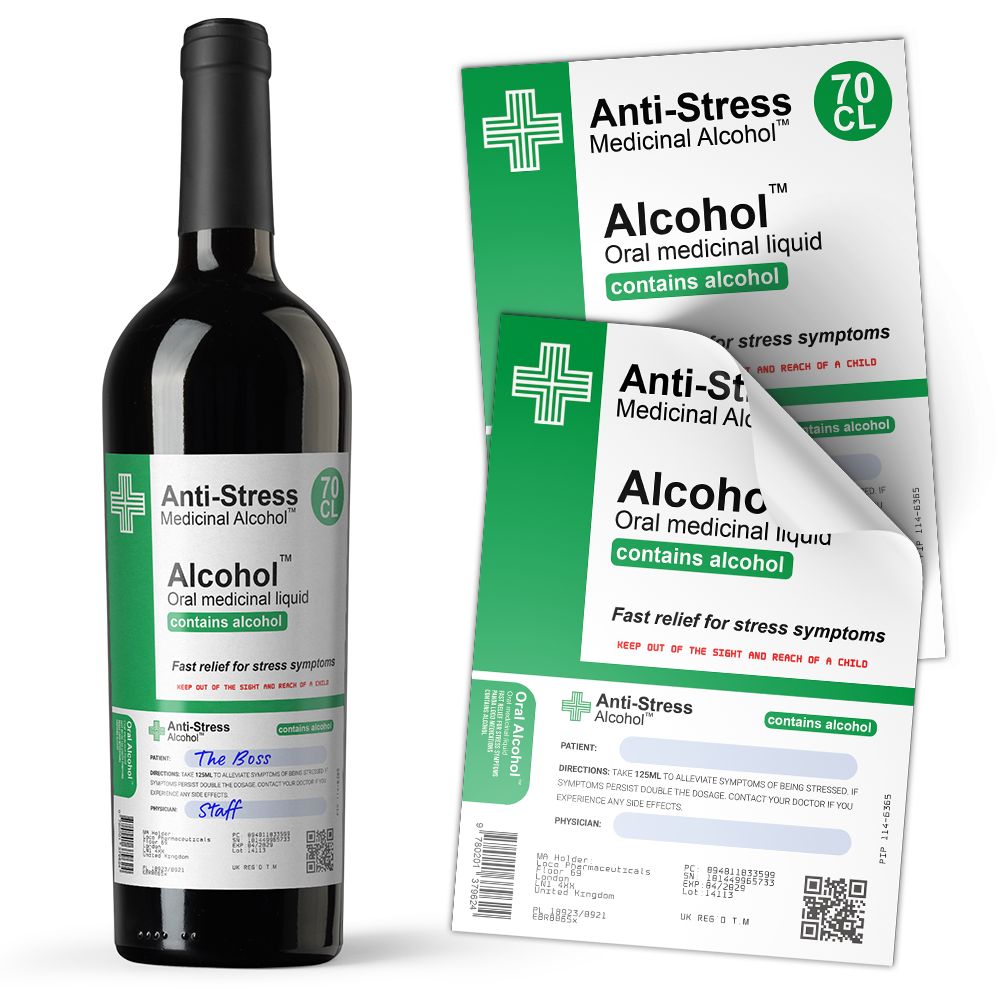 A humorous bottle sticker with the text 'Anti-Stress Alcohol' designed to be applied to a wine or spirit bottle, accompanied by a packaging envelope.