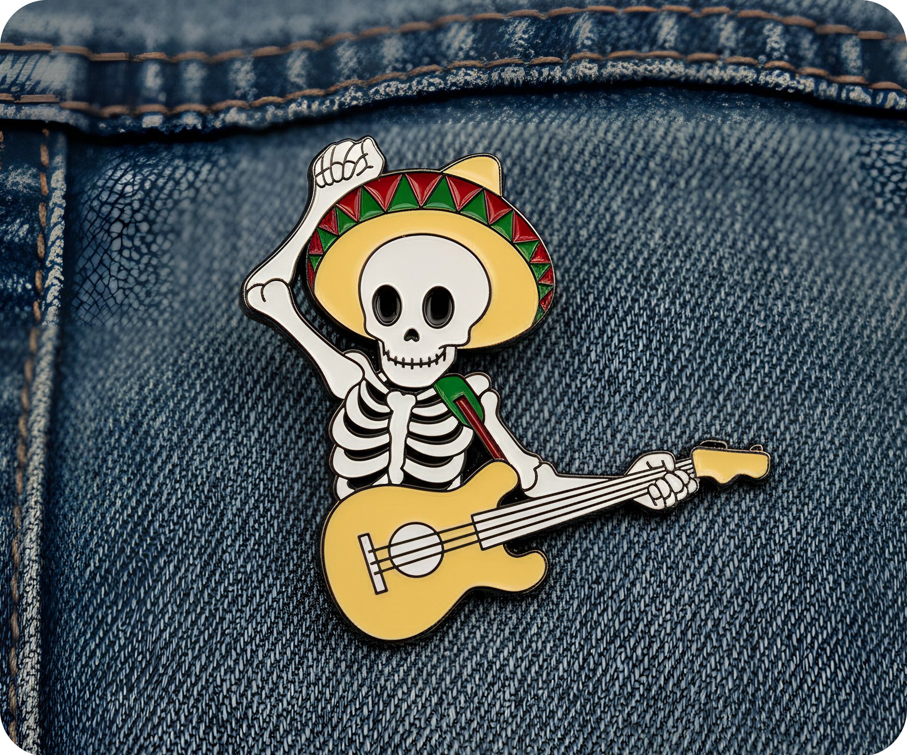 Mariachi Mexican Skeleton Guitar Pin Badge