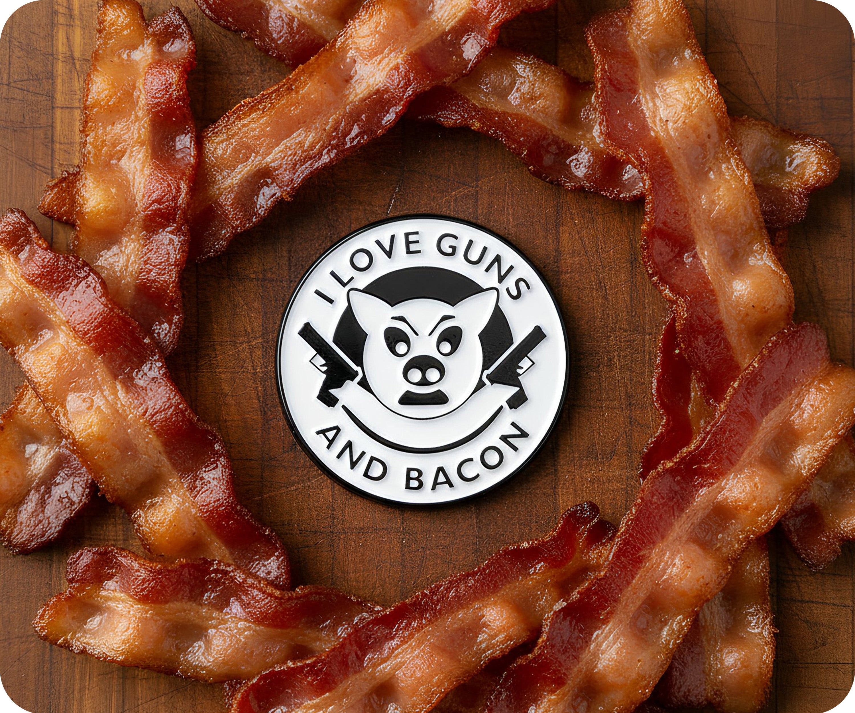 I Love Guns & Bacon Funny Pin Badge