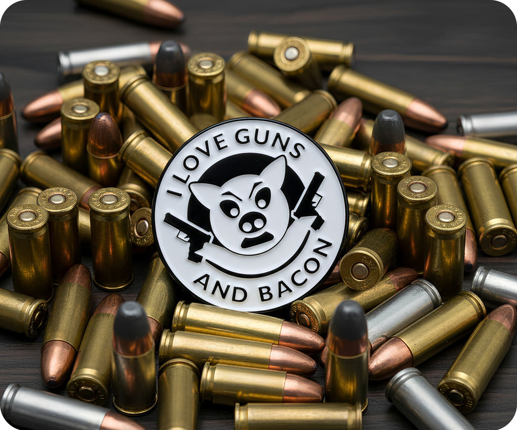 I Love Guns & Bacon Funny Pin Badge