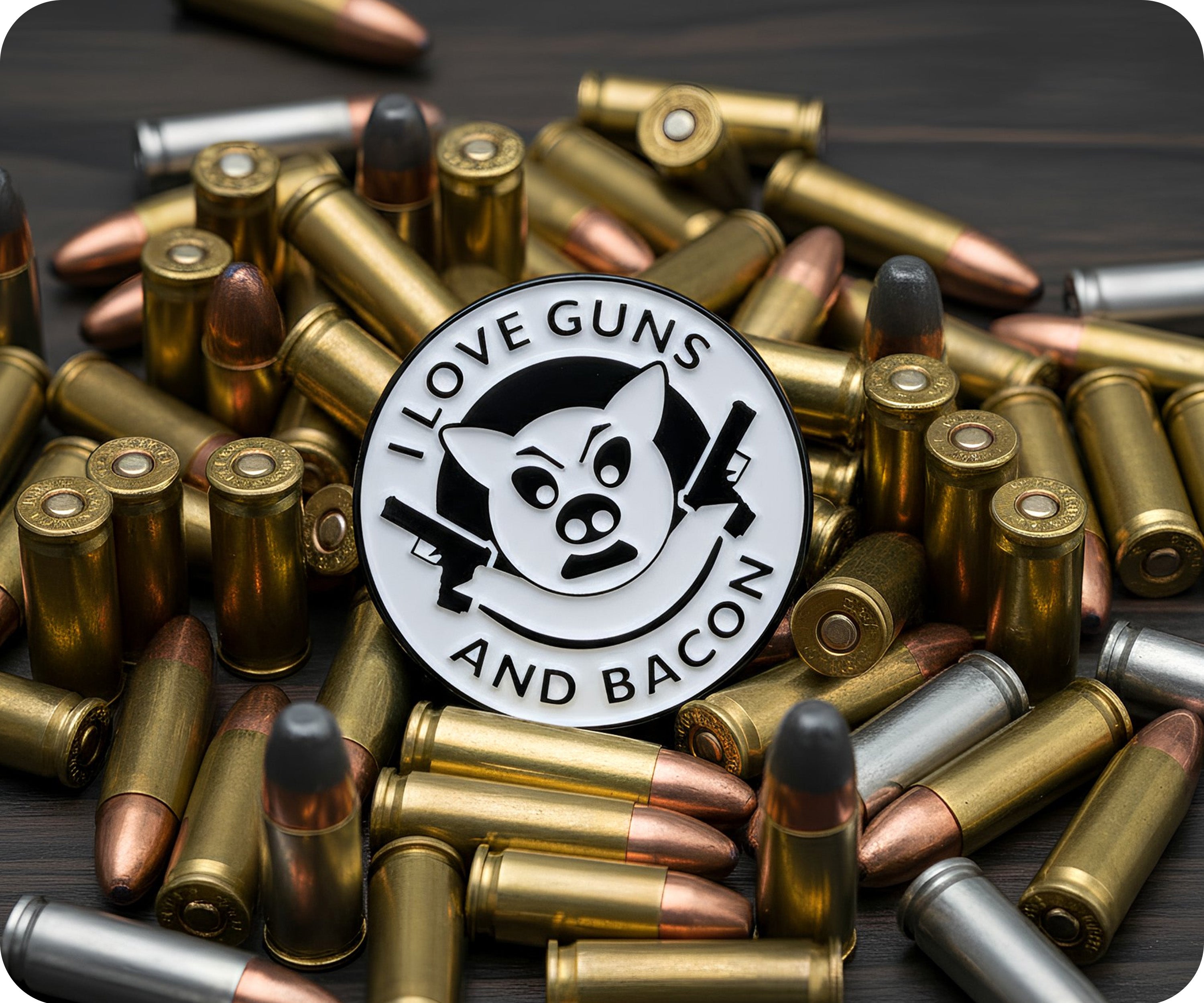 I Love Guns & Bacon Funny Pin Badge