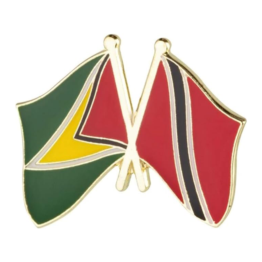A pin badge featuring the flag colors of Guyana and Trinidad and Tobago, with a butterfly clutch backing.