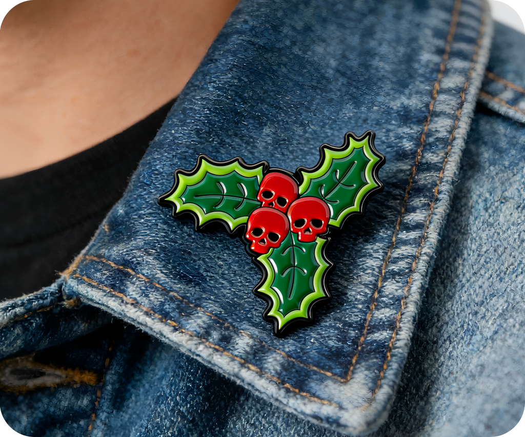 Skull Holly Xmas Pin Badge