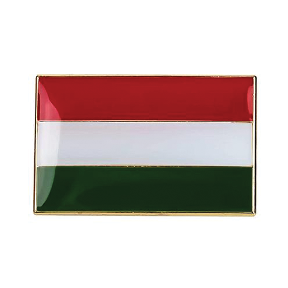 A rectangular pin badge featuring the colors of the Hungarian flag, with a gold-toned border. © Tigoli® 2026 All Rights Reserved Panda Loco Ltd  Imagen principal del producto