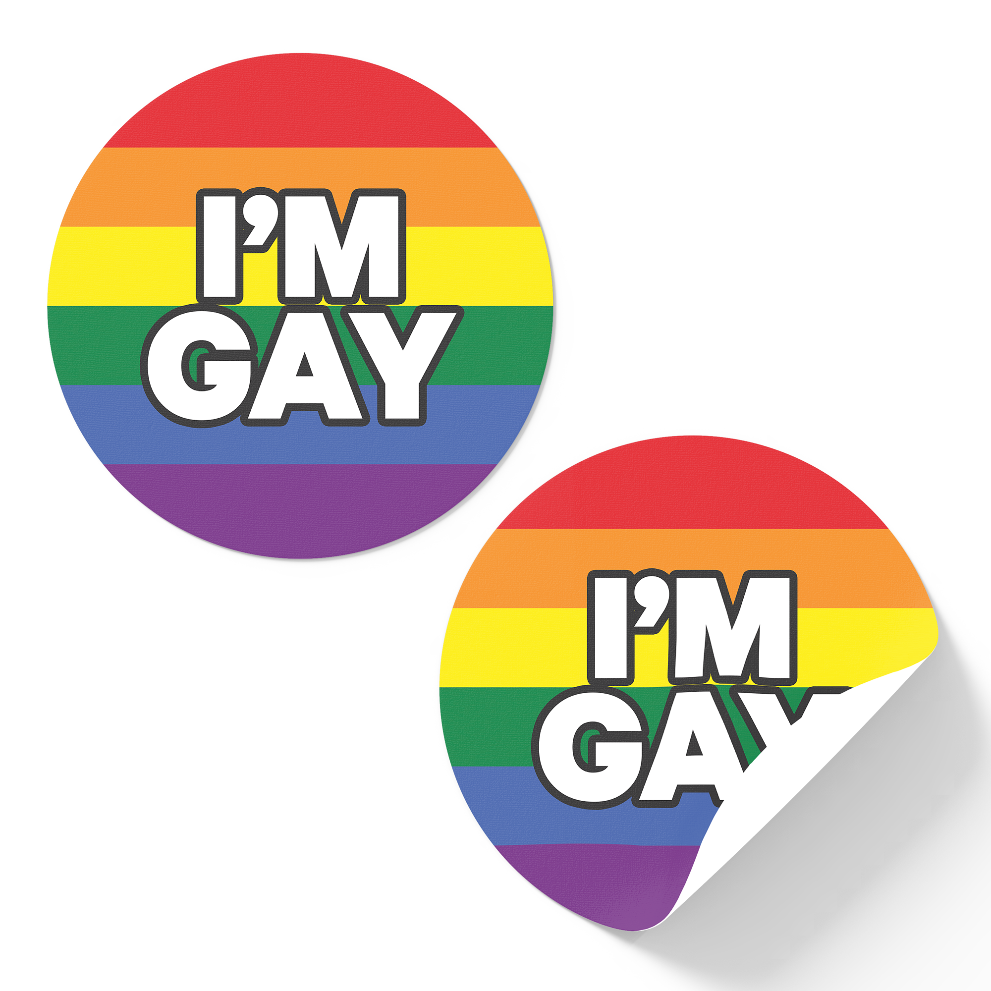 Two round stickers with a rainbow color background and the text 'I'M GAY' in capital letters in the center. © Tigoli® 2026 All Rights Reserved Panda Loco Ltd 
