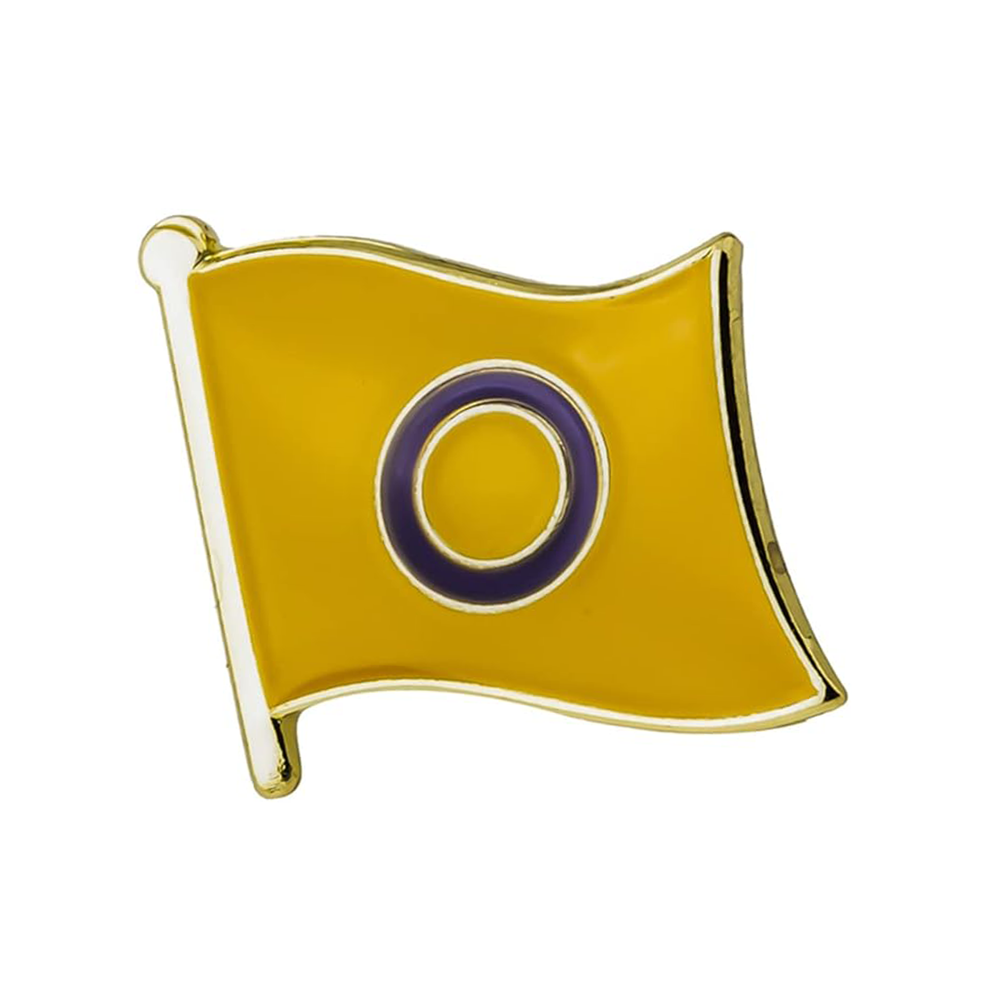 A metallic pin badge featuring the intersex flag design with a yellow background and a purple circle in the center. Imagen principal del producto