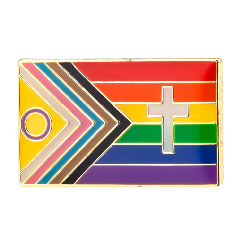 A colorful pin badge featuring a geometric design with a cross, rainbow stripes, and the word 'LOVE'. © Tigoli® 2026 All Rights Reserved Panda Loco Ltd  Imagen principal del producto