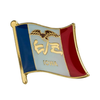 An enamel pin badge featuring the Iowa flag with a brass plated iron design.