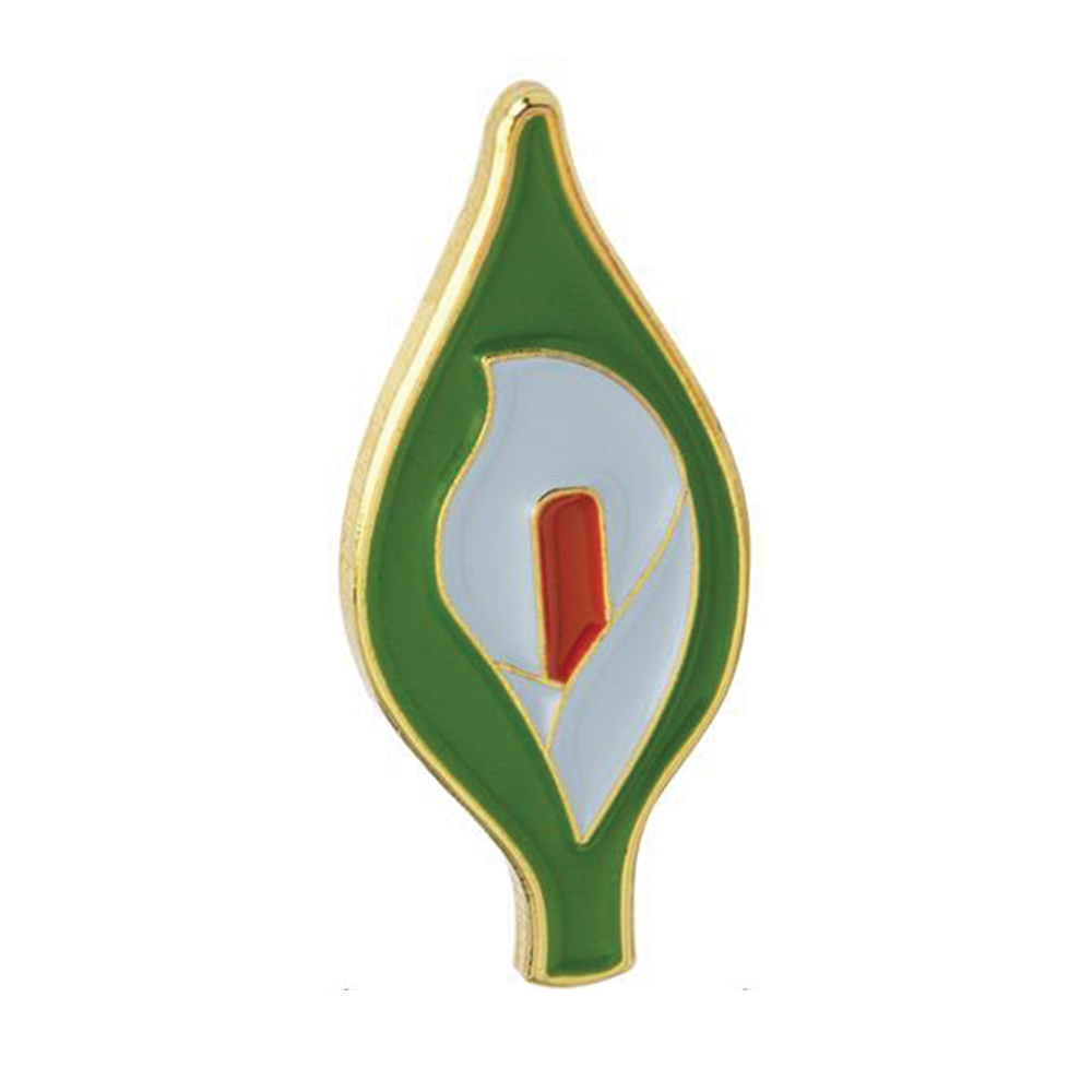 A pin badge shaped like an Easter lily with green and white petals and a red center, with a gold-colored edge. © Tigoli® 2026 All Rights Reserved Panda Loco Ltd 