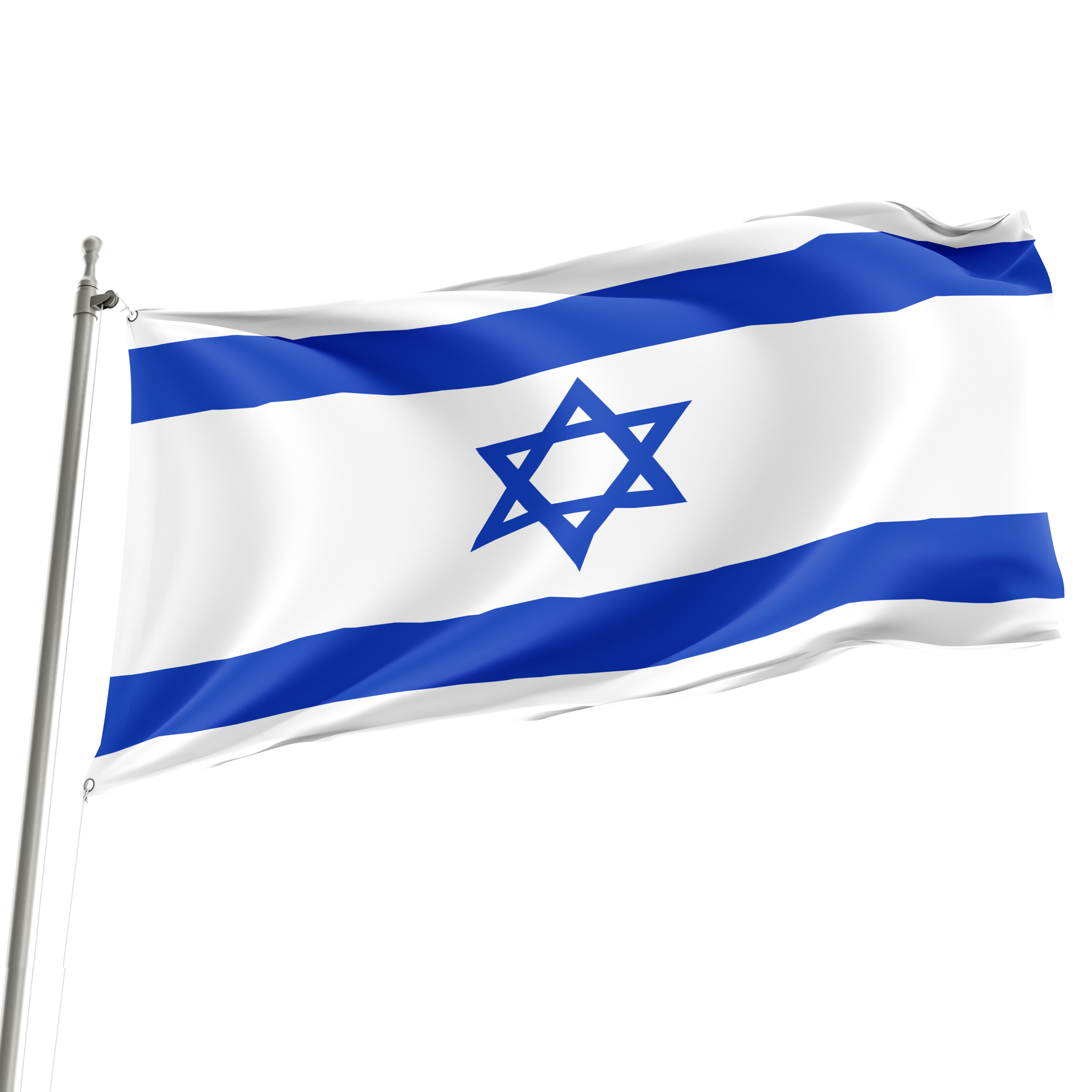 The flag of Israel, featuring a blue and white horizontal stripe pattern with a Star of David in the center, is displayed on a flagpole. Imagen principal del producto