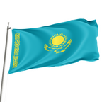 A 3' x 5' Kazakhstan flag with a vibrant blue field featuring a yellow sun and stylized yurt, displayed on a flagpole.