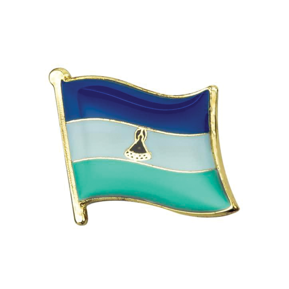 A pin badge featuring the flag of the Kingdom of Lesotho with a blue, black, and green design on a gold-plated metal butterfly clutch. © Tigoli® 2026 All Rights Reserved Panda Loco Ltd 
