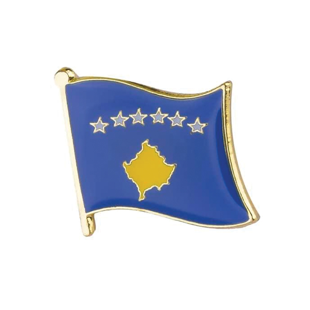 A pin badge featuring the Kosovo flag with a blue background and gold stars and a butterfly clutch. © Tigoli® 2026 All Rights Reserved Panda Loco Ltd 