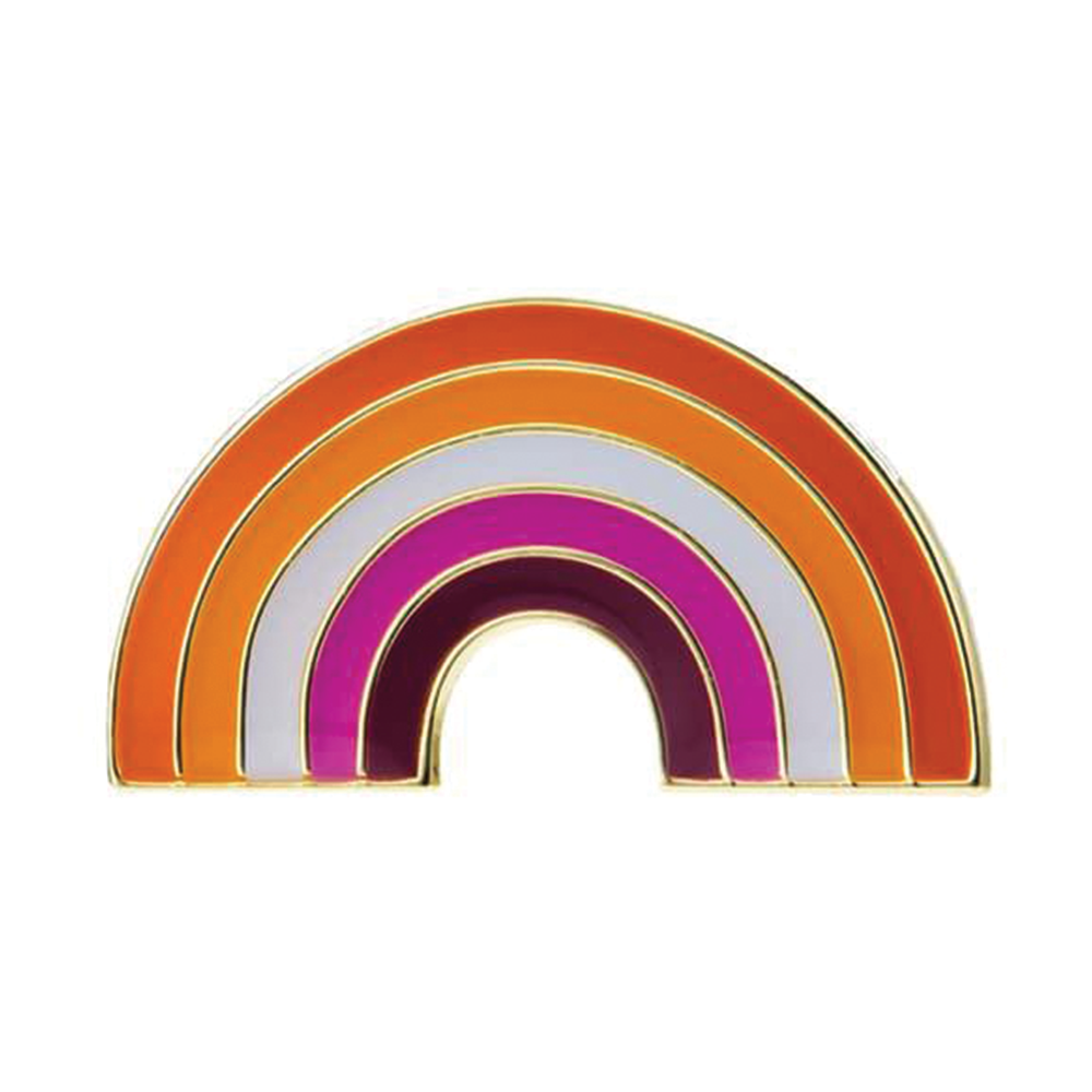 A pin badge shaped like a rainbow flag, with gold, orange, pink, purple, and yellow colors, attached to a butterfly clutch. © Tigoli® 2026 All Rights Reserved Panda Loco Ltd 