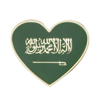A green heart-shaped pin badge with the Saudi Arabian flag and a butterfly clutch at the back. © Tigoli® 2026 All Rights Reserved Panda Loco Ltd 