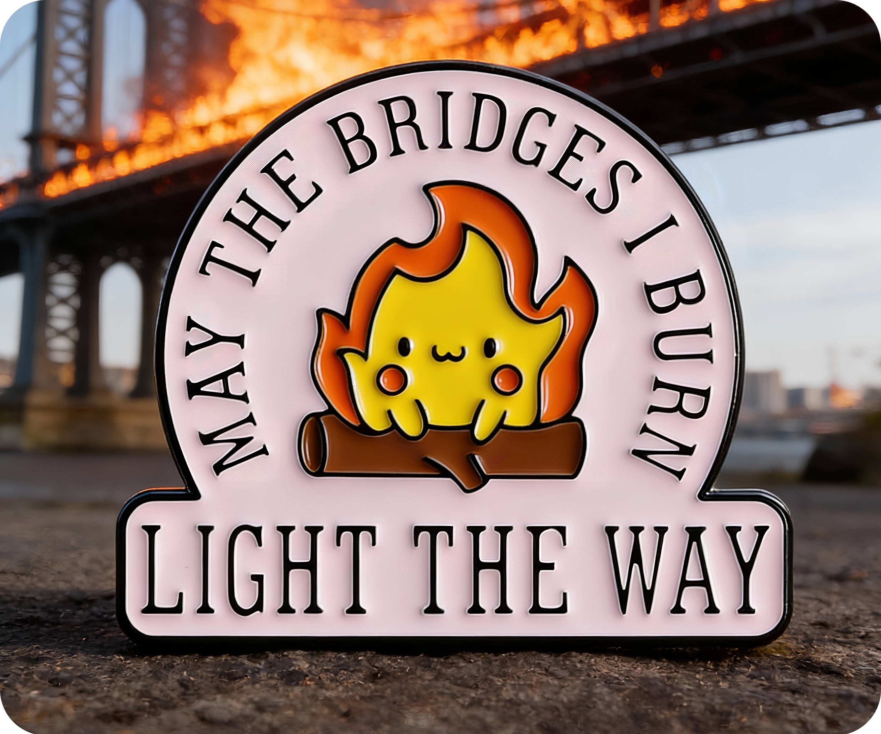 Que los puentes que quemes te iluminen el camino, divertido pin.