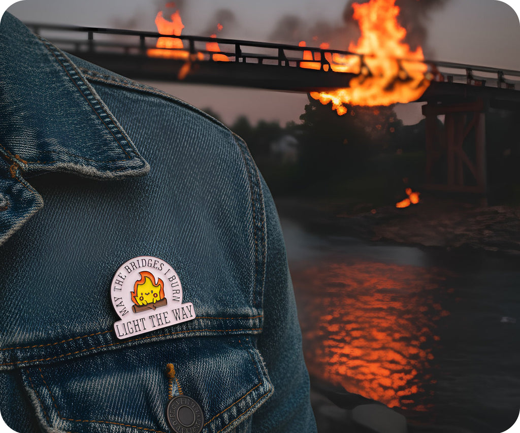 Que los puentes que quemes te iluminen el camino, divertido pin.