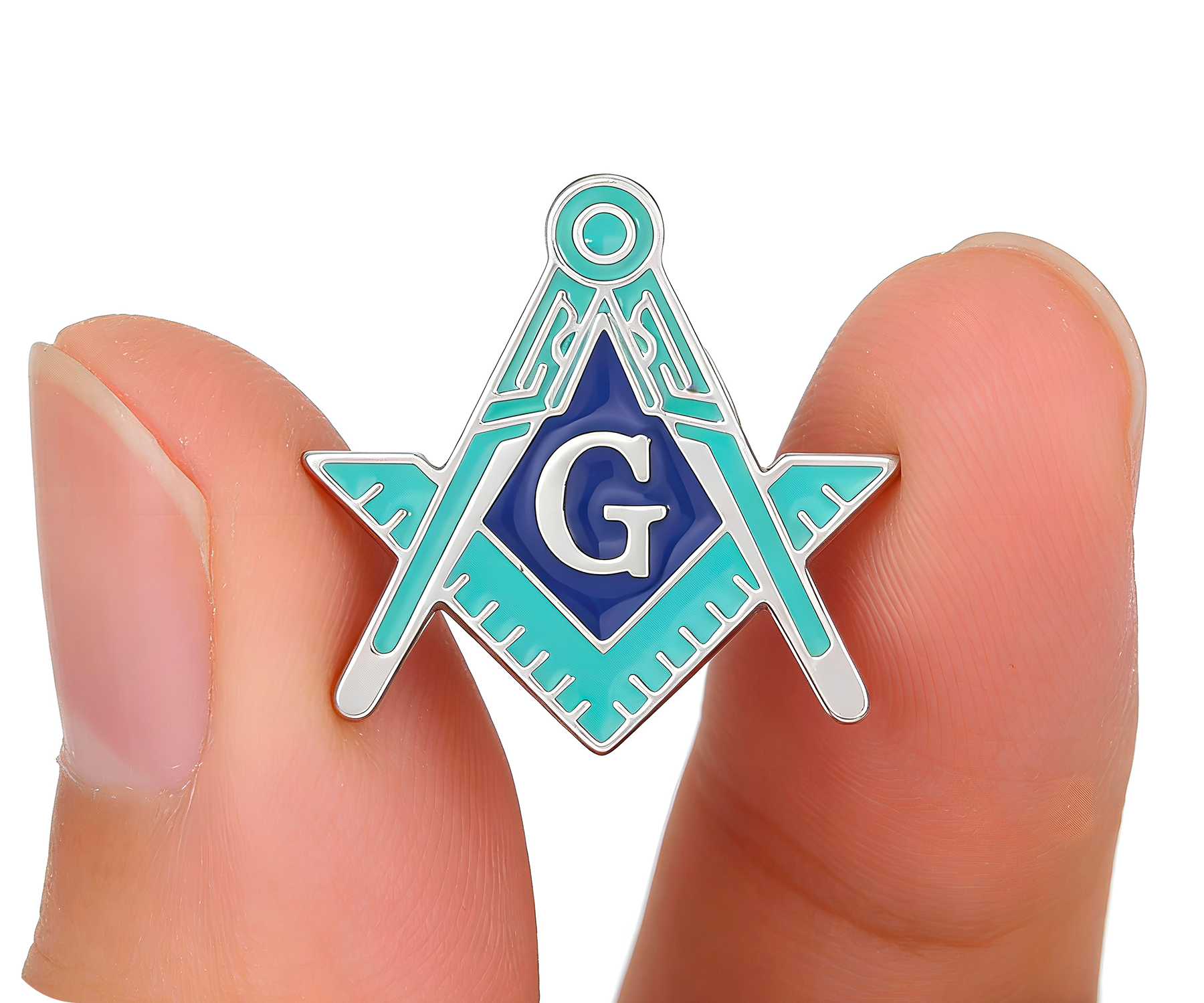 Masonic Silver & Light Green Blue Free Masons Compass Pin Badge