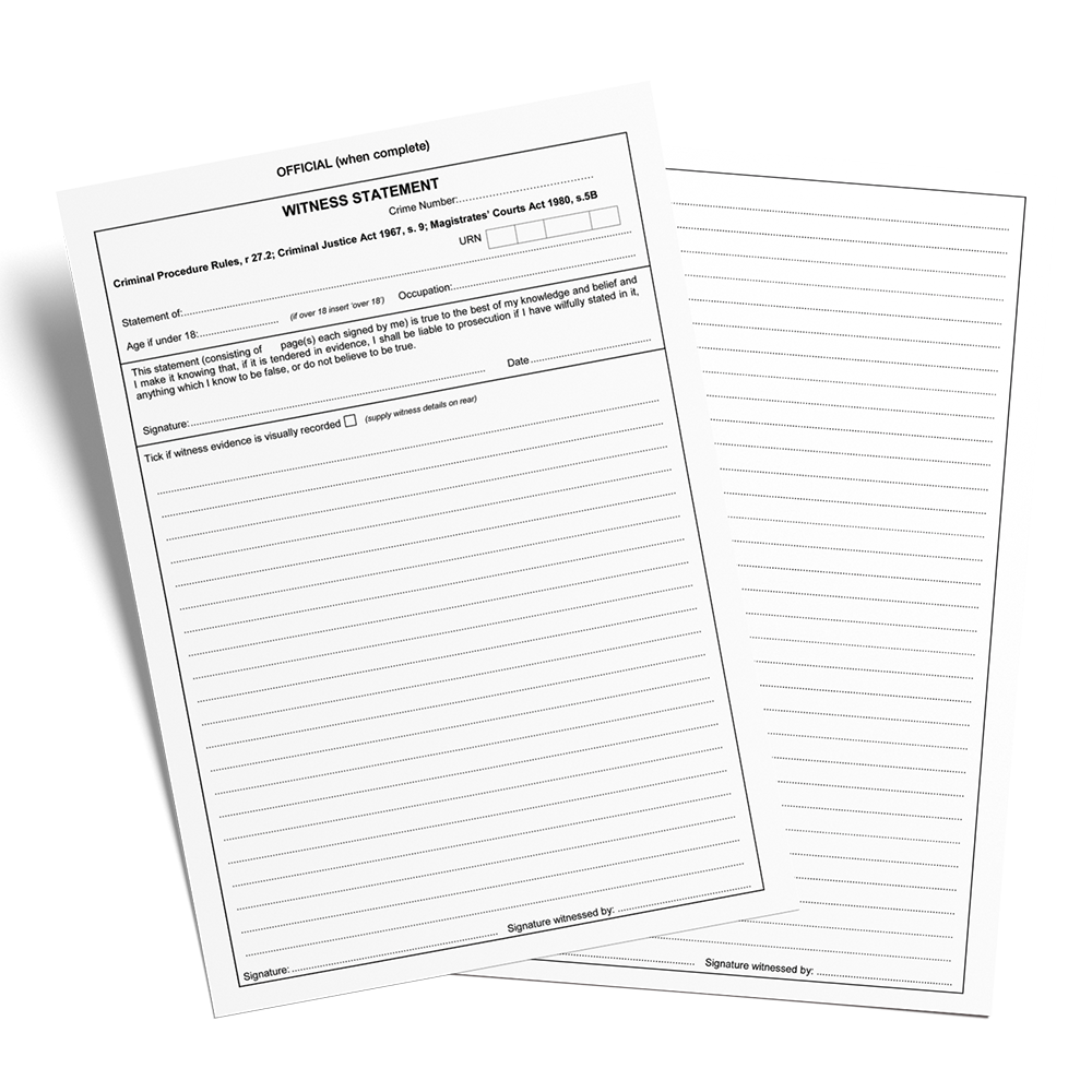 A pack of A6 sized police witness statements, with designated spaces for writing information about a victim, suspect, and witness, as well as a signature line. © Tigoli® 2026 All Rights Reserved Panda Loco Ltd 