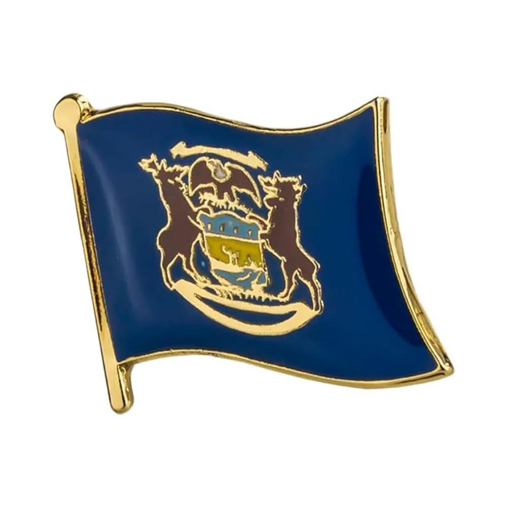 A pin badge featuring the Michigan flag with a gold-colored border and a blue background.