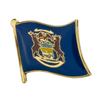 A pin badge featuring the Michigan flag with a gold-colored border and a blue background.