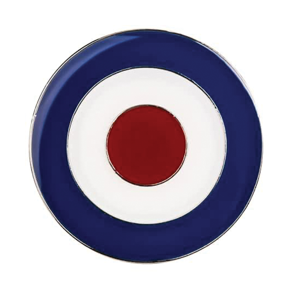 A round pin badge with a target design, featuring a red bullseye on a white background with a blue outer ring. © Tigoli® 2026 All Rights Reserved Panda Loco Ltd 