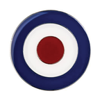 A round pin badge with a target design, featuring a red bullseye on a white background with a blue outer ring. © Tigoli® 2026 All Rights Reserved Panda Loco Ltd 