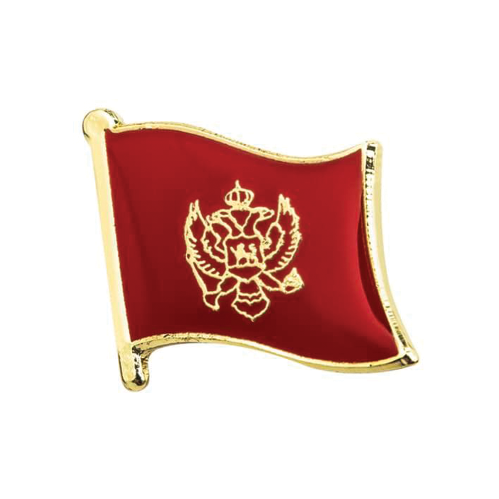A pin badge featuring the Montenegro flag with a gold-colored border and emblem in the center. © Tigoli® 2026 All Rights Reserved Panda Loco Ltd 