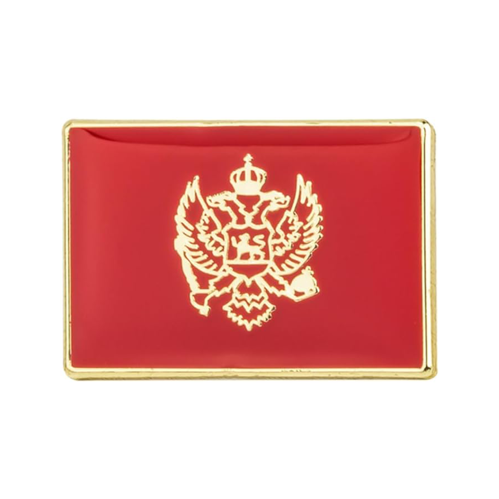 A rectangular enamel pin badge featuring the flag colors of Montenegro with a gold-plated emblem in the center.