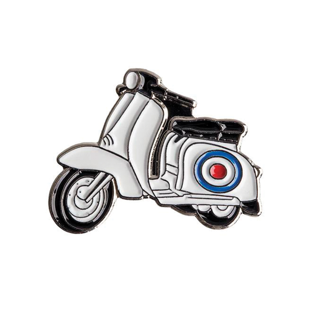 A pin badge depicting a retro-style moped scooter with a silver body, black seat, and white wheels. © Tigoli® 2026 All Rights Reserved Panda Loco Ltd  Imagen principal del producto